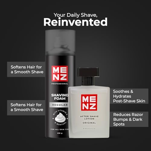 Image of MENZ Regular Shaving Foam with vitamin E 418gm & Original After Shave Lotion Enrich With Oat Milk 100ml Combo Pack for Men