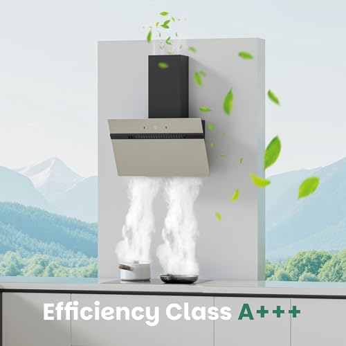 FIREGAS Dunstabzugshaube 60cm, Abluft/Umluft-Dunstabzugshaube mit bürstenlosem Motor, 684 m³/h Luftstrom, 9 Gebläsestufen, Schräghaube mit Energieeffizienzklasse A+++, Touch- und Gestensteuerung, Grau