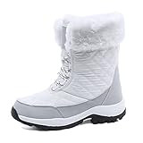 Damen-Schneestiefel, Winterstiefel Hohe Spitze Verdickte Mit Fell Gefütterte Stiefeletten, Rutschfeste Warme Wanderstiefel Baumwollschuhe Für Outdoor Skifahren, Kurzer Stiefel,Weiß,42EU