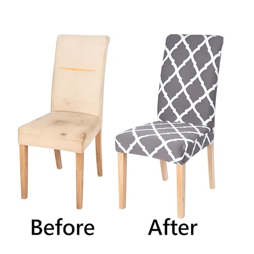 Image of Dining Chair Covers Set of 2, Stretchable Removable Washable Anti-Slip Universal Fit Printed Polyester Spandex Slipcovers (Grey Diamond)