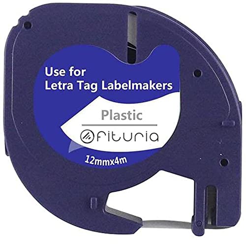 Cinta de Etiquetas de Recambio Compatible con DYMO Letratag LT-100H LT-100T LT-110T QX50 XR XM Recambio Plástico 12mm x 4m Imprime Negro Sobre Fondo Blanco Compatible - 1 unidad