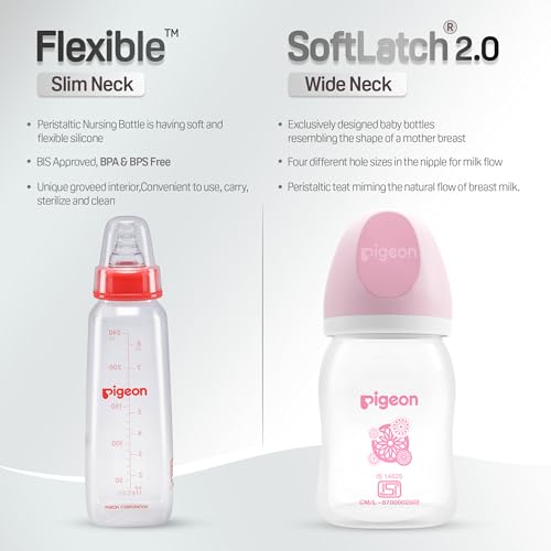 Image of Pigeon Softlatch 2.0 Wide Neck Feeding Bottle 160ML | Baby Milk Bottle for 0 Months to 3 Years | BPA-Free, Anti-Colic, Nipple Collapse-Resistant | Feeding Bottle for Kids & Toddlers (Pink Hood)