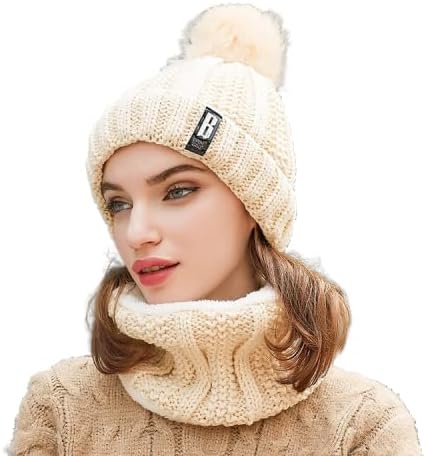 Sikander® - Winter Soft Warm 1 Set Snow Proof Ball Cap (Inside Fur) Woolen Beanie Cap with Scarf for Women Girl Ladies Beige Color
