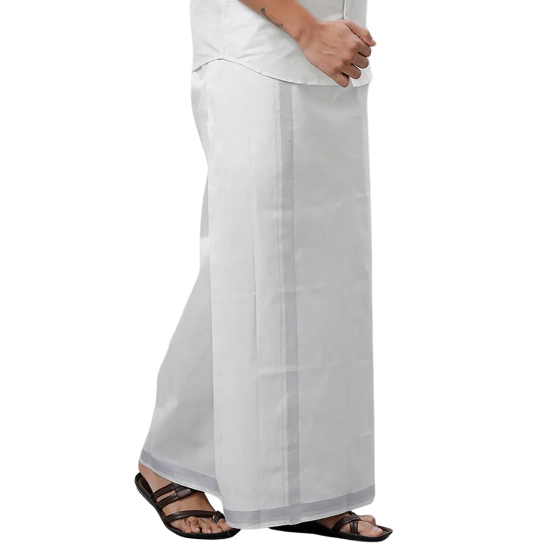 Free Size Adjustable (28 to 44 Inchs) Velcro White Pocket Cotton Dhoti with Silver Zari Border For Men-image-24