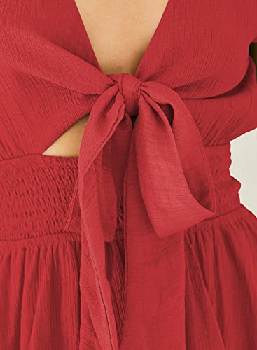 miduo Womens Dress Summer Deep V Neck Self Tied Smocked Waist Short Sleeve Ruffle Party Beach Mini Dresses Red XL - Image 6