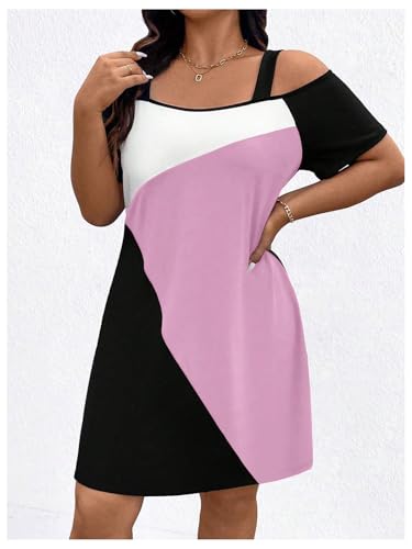 Image of SOLY HUX Women's Plus Size Dress Cold Shoulder Color Block Short Sleeve T Shirt Dress Casual Summer Dresses