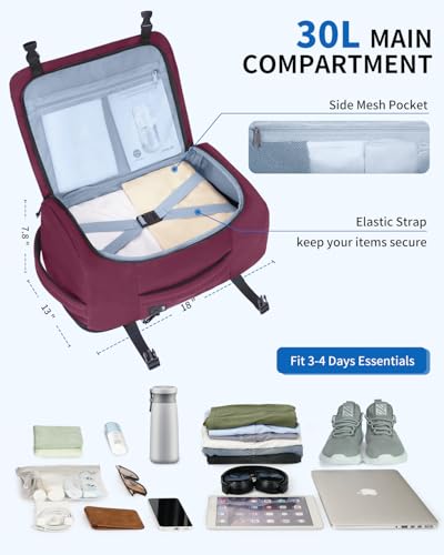 Image of ECOHUB Travel Backpack for Women, Flight Approved Carry On Bag, 30L Personal Item for Weekend Getaways, Fits 17.3 inch Laptop, Red