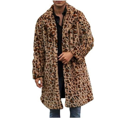 Zeiyignr Mens Winter Warm Leopard Faux Fur Long Length Luxury Outerwear Coat Jacket Thick Cardigan Coat Fluffy Lapel Jackets