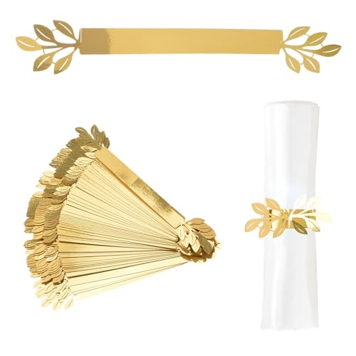 URROMA Napkin Rings, 50 Pcs Reflective Golden Leaves Classic Napkin Ring Holder Set for Dining Wedding Party Table Settings Decorations