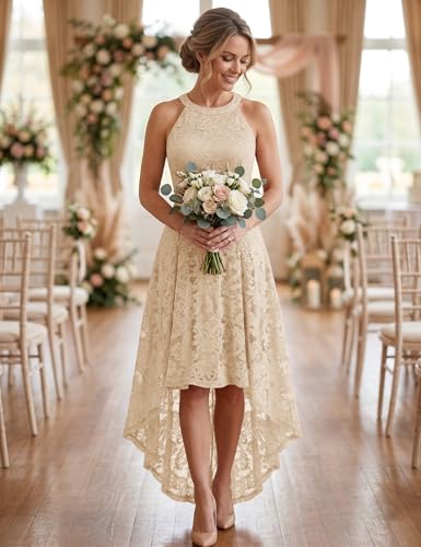 Image of Dressystar Women Halter Lace Wedding Guest Dress Hi-Lo Cocktail Party Bridesmaid Formal Dresses
