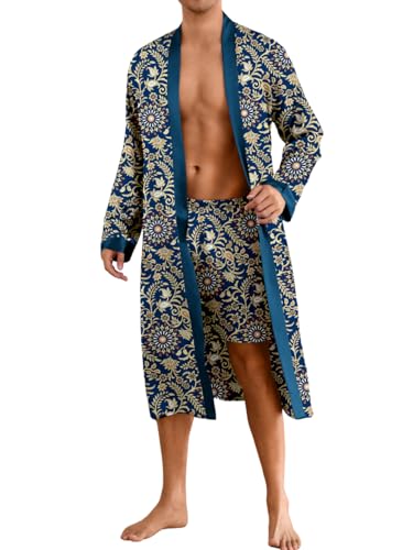 Men's Satin Kimono Robe Set with Shorts, 2 Piece Lightweight Bathrobe with Belt, Long Sleeve Silk Sleepwear