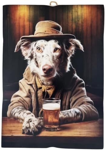 KUSTOM ART Cuadro Serie Animales Aristócratas Perro Australian Shepherd con cerveza en el mostrador Bar Impresión sobre madera 25 x 18 cm