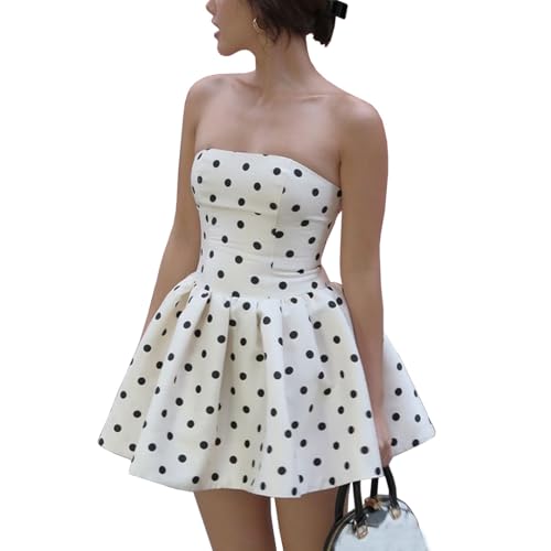 Polka Dot Mini Dresses Off The Shoulder Sleeveless Pleated Dress Bow Tie Puffy Bubble Dress Party Dress