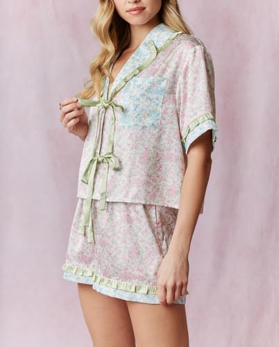Womens Cute Bow Tie Front Pajamas Summer Y2k Floral Pjs 2 Piece Outfits Puff Sleeve Shirt Ruffle Lounge Shorts Sets4
