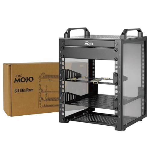 Tecmojo Mini stojak na biurko 10", 6U, głębokość 200 mm, szafa sieciowa z kieszenią SBC, karta adaptera micro HDMI do HDMI i zaślepka, do urządzeń AV, NAS i serwerów, czarny