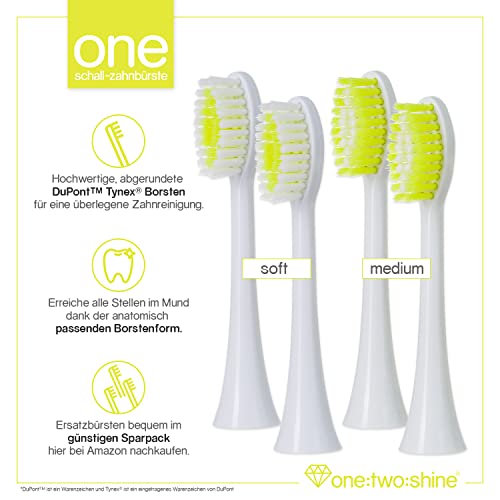 ONE:TWO:SHINE Doppelpack | Schallzahnbürste ONE | 2 elektrische Zahnbürsten mit 8 Aufsteckbürsten + 2 Zungenreinigern + 2 Reise-Etuis + 2 Ladestationen + 2 Netzteilen | lange Akkulaufzeit (Lime-Green) – Bild 5