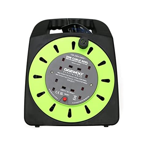 Daewoo 25 Metre 4 Way Plug ,13amp Extension Reel with Heavy-Duty Winding Cable and Safety Cut Out Switch (Colour May Vary) Cover