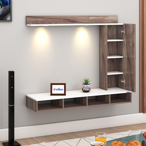 Image of Anikaa Dorex Engineered Wood Wall Mounted TV Unit with LED Lights, Storage Cabinet & Display Shelf for Living Room | Ideal for Upto 55 Inch TV- Coachwood /White(DIY Installation)
