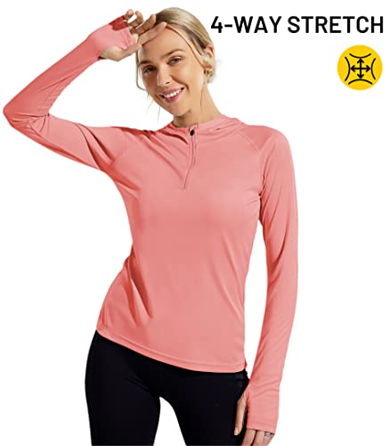Mier Women's Running Pullover Hoodie - Long Sleeve Quarter Zip Workout Shirts With Thumbholes, Upf 50+ Sun Protection, With Hooded, Coral, M #TOP3