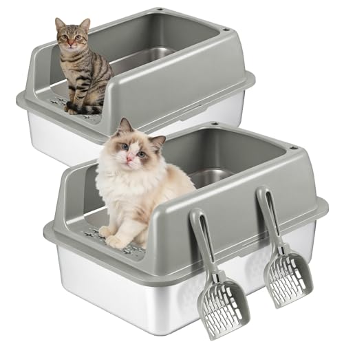 Kirecoo 2 Pack Stainless Steel Litter Box with Lid Large Enclosed Metal Cat Litter Box Pan High Sided Easy Clean Anti-Leakage Litterbox Tray for Indoor Big Cats Kittens or Multicat Scoop Included