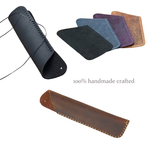 Image of Handmade Leather Double Pen Case Crazy Horse Leather Fountain Pen Pouch Protective Sleeve Cover