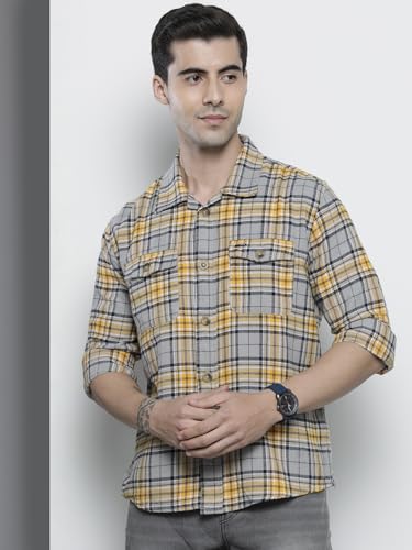 Image of The Indian Garage Co Men Regular Fit Checkered Full Sleeves Spread Collar Double Flap Pocket Casual Over Shirt