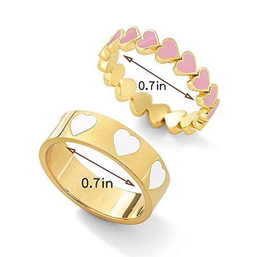 YOOESTORES82 2PCS Colorful Heart Ring Gold Band Rings Set for Women Couple Cute Love Heart Plain Stackable Finger Rings Wedding Preppy Jewelry Gift4
