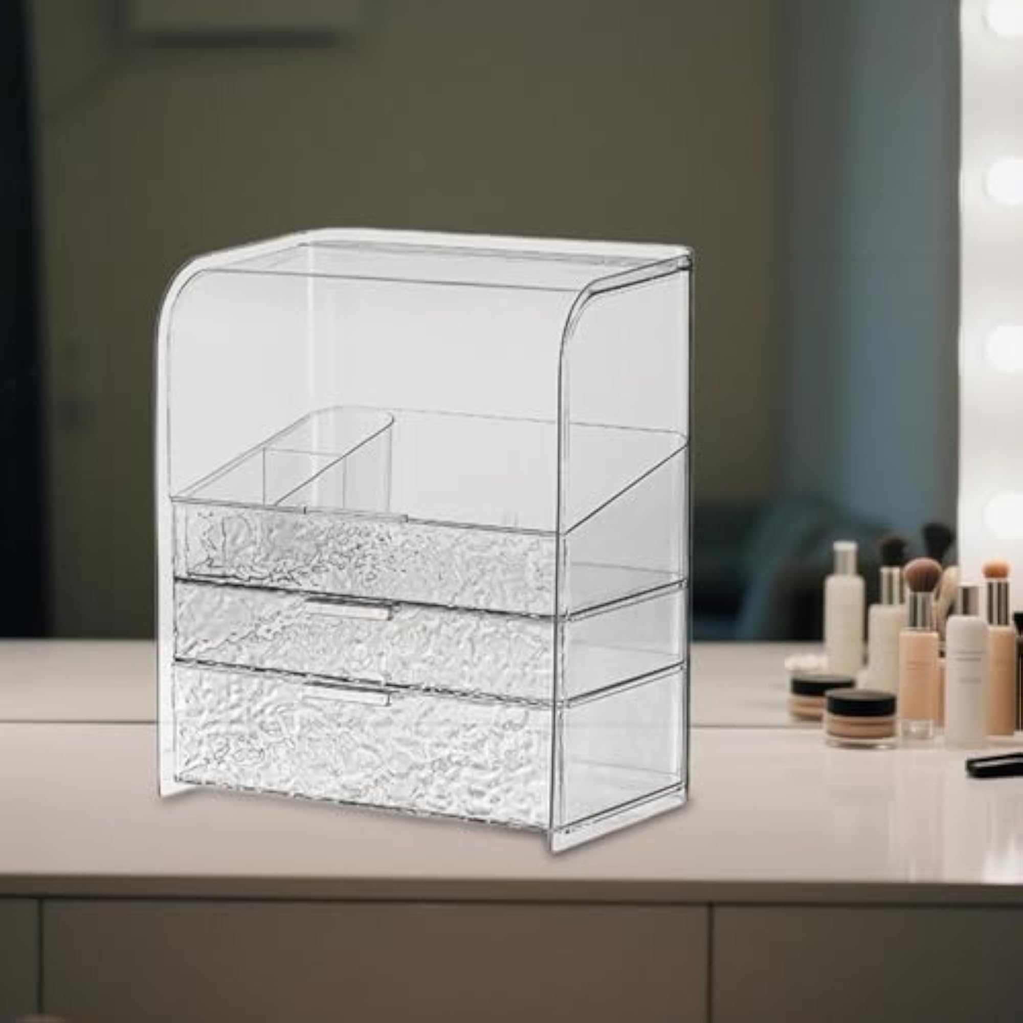 Luxury Clear Makeup Storage Box, Vanity Organizer with Lipstick Holder