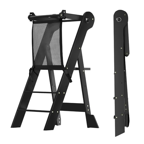 COSYLAND Tour d’Observation Montessori Enfant Pliable – Tour d’Apprentissage Réglable en Hauteur à Partir de 1 an, Kitchen Helper Bébé - Noir