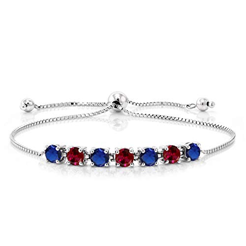 Gem Stone King 7-Stone Tennis Bracelet For Women | 925 Sterling Silver | 4.5MM Round Gemstone Birthstone and Created Ruby | Adjustable Bolo Bracelet For Women | Easy-On Easy-Off