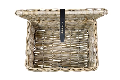 Basil DAX L Rattan Fahrradkorb, Stilvoller rechteckiger Aufbewahrungskorb mit Deckel und Kunstledergriffen, Grau, Handgeflochten, 30 l Volumen, Ideal für Damen- und Herrenfahrräder, Umweltfreundlich