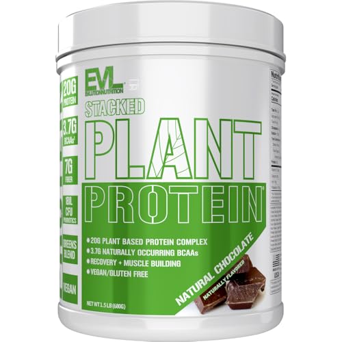 Evlution Nutrition Stacked Plant Protein Powder, Vegan, Non-GMO, Gluten-Free, Probiotics, BCAAs, Fiber, Plant-Based Protein Complex, 1.5 LB (Natural Chocolate)