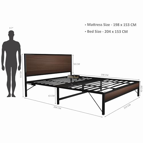 Image of Honey Touch Luvo Queen Size Bed Frame | Sturdy Steel Structure with Wooden Headboard | Noise-Free | No Assembly Required | Modern Minimalist Design |