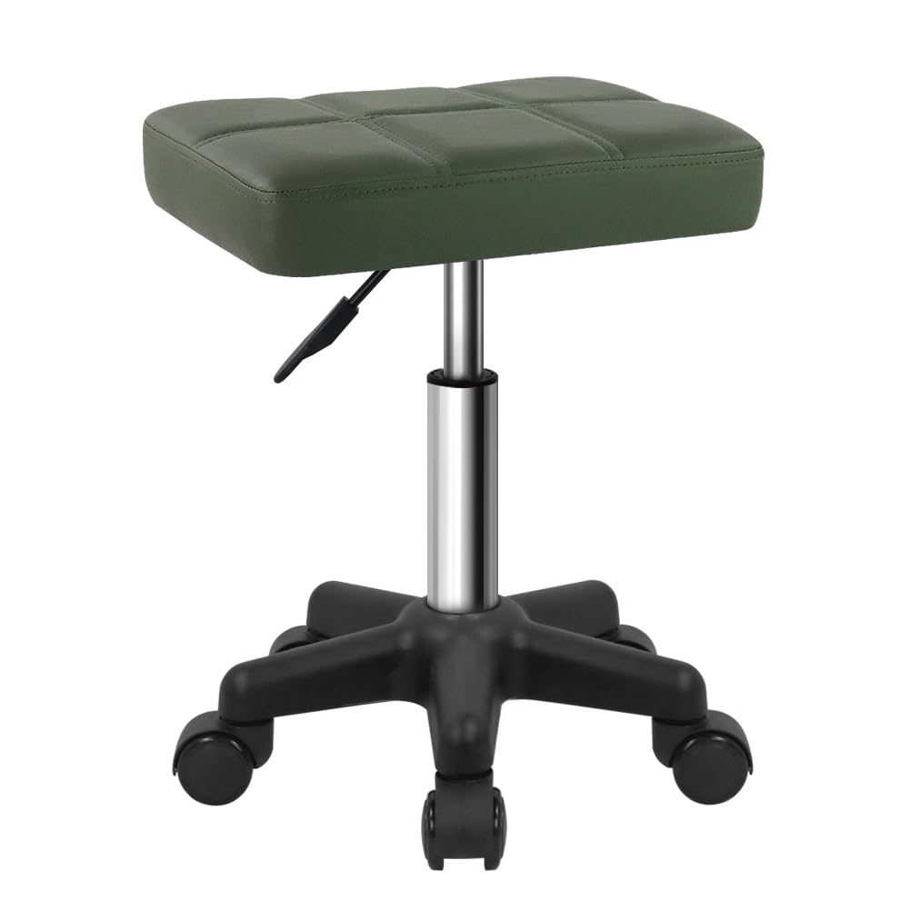 FURWOO Taburete Rectangular Rodante con Ruedas Giratorio de Cuero PU para Salón Masaje SPA Cocina Altura Ajustable 45-61 cm Verde