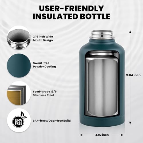 Image of RAYMYLO Insulated Water Bottle 64 oz, Triple Wall Vacuum Stainless Steel (Cold for 48 Hrs), Leak Proof & Non-BPA, Half Gallon Water Flask Jug with Paracord Handle & Straw Spout Lids, Dark Green