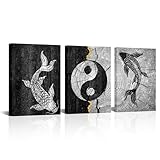 Biuteawal 3 Piece Yin Yang Symbol Wall Art Black White Koi Fish Picture Traditional Chinese Culture Art Prints Painting Retro Artwork Home Office Bathroom Decor