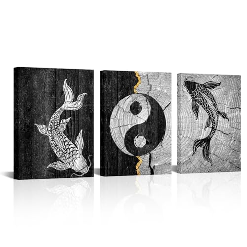 Biuteawal 3 Piece Yin Yang Symbol Wall Art Black White Koi Fish Picture Traditional Chinese Culture Art Prints Painting Retro Artwork Home Office Bathroom Decor