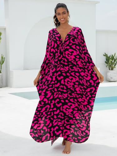 Image of IMAGEKOPE Women's Plus Size Animal Print V-Neck Batwing Kaftan Beach Dress Bathing Suit Cover-Up Loungewear