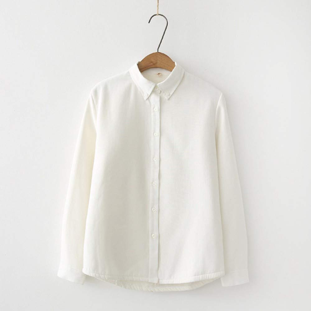 Chemise Chaude Femme,Mode Plus Velours Épaississant Dames Chemise Chaude Automne Et Hiver Candy Color Laine Pure Coton Doublure Femme Rétro Revers Bottoming Shirt Élégant Blanc Fête D’Affaires