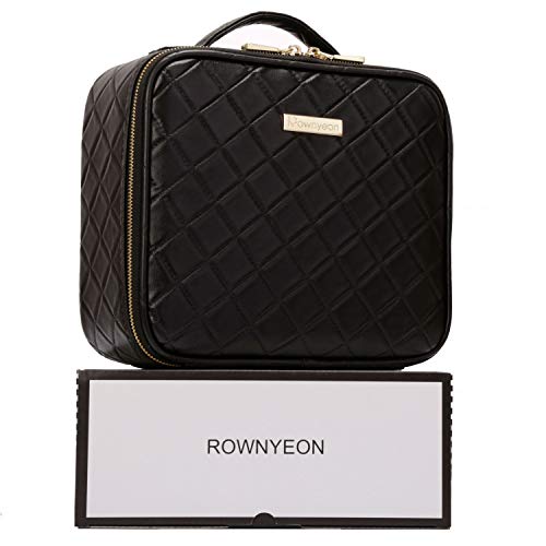 ROWNYEON Makeup Travel Case Rhomboid Makeup Bag Organizer Portable Cosmetic Makeup Train Case Storage Bag Diamond Pattern Cosmetic Bag for Women,Cosmetics PU Leather Waterproof Small,Black