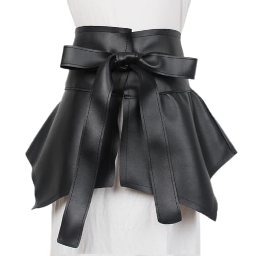 Women PU Leather Wide Waist Belt Front Tie up Ruffle Peplum Skirt Waistband Belts2