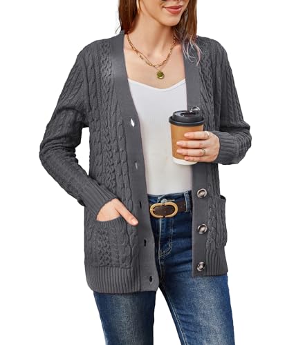Image of Womens Cardigan Sweaters Cable Knit Sweater 2026 Fall Winter Chunky Open Front Button Down Coats with Pockets