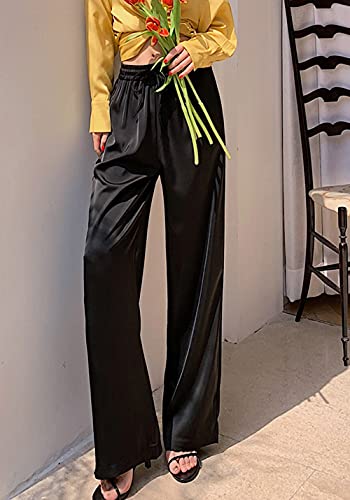 Snoly Women's Summer Ice Silk Pants High Waist Wide Leg Full Length Loose Casual Sweatpants (Black, Large, L) #TOP2