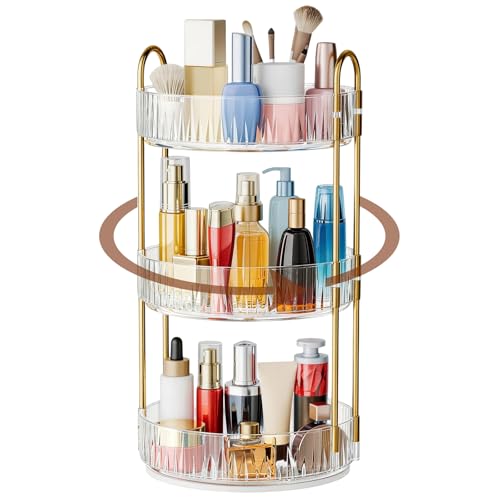 Dayacoco 360 Rotating Makeup Organiser 3-Tier Round Spinning Skincare Organiser Tidy Storage Shelf for Perfume Toiletries Large Capacity Cosmetic Perfume Stand for Vanity Bathroom Bedroom Gold