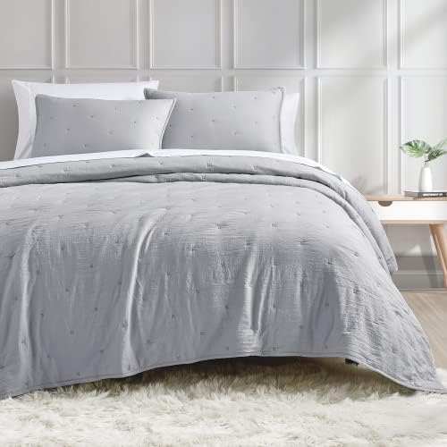 BOURINA Reversible Quilt Coverlet Set Queen - Pre-Washed Microfiber Ultra Soft Lightweight Star Quilted Bedspread 3-Piece Quilt Set, Grey