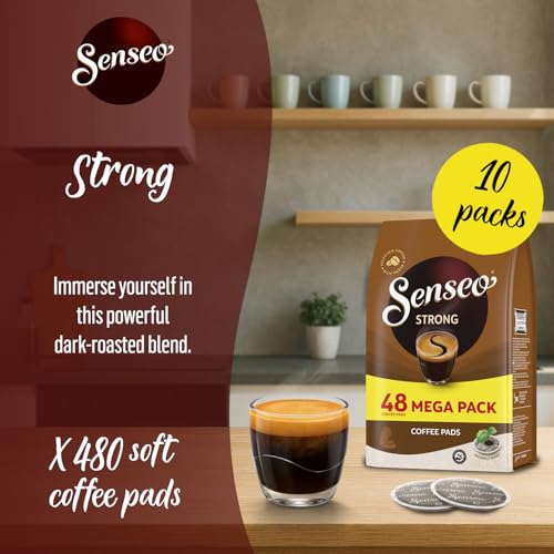 Senseo Strong Dark Roast Coffee Pods, 48 Count (Pack of 10) - Single Serve Coffee Pods Bulk Pack for Senseo Coffee Machine - Compostable Coffee Pods for Hot or Iced Coffee, Cold Brew Coffee
