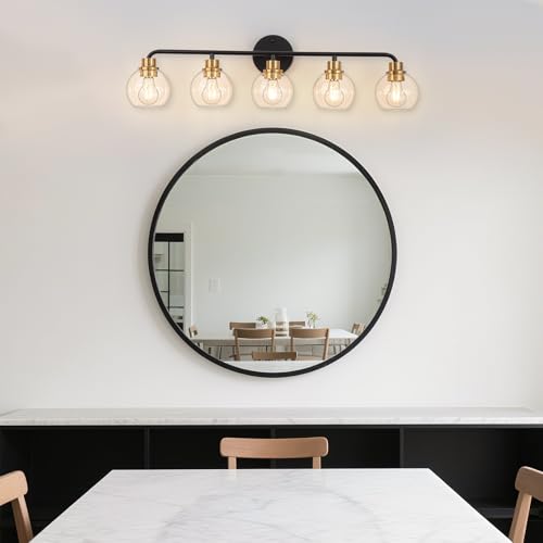 Image of 5 Light Bathroom Vanity Light, Black and Gold Bathroom Light Fixtures | with Clear Glass Shade Modern Wall Sconces Lighting Bath Wall Lights Lamp for Mirror Kitchen Living Room Bedroom Hallway