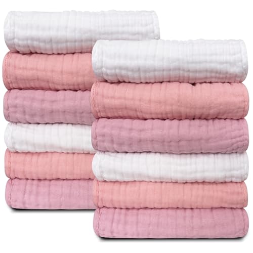 Image of Sunny zzzZZ Baby Muslin Washcloths -100% Cotton Muslin Soft Baby Bath Wash Cloths and Absorbent Burp Cloths for Newborns Kids Girls and Boys -12 Pack, 12x12 Inches - White+Light Sakura Series