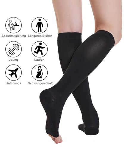 Offene Zehe Medizinische Kompressionsstrümpfe Damen & Herren 20-30 mmHg Klasse 2, Größe S-4XL, Kompressionssocken Stützstrümpfe für Krampfadern Ödeme Flug (Schwarz, XL)