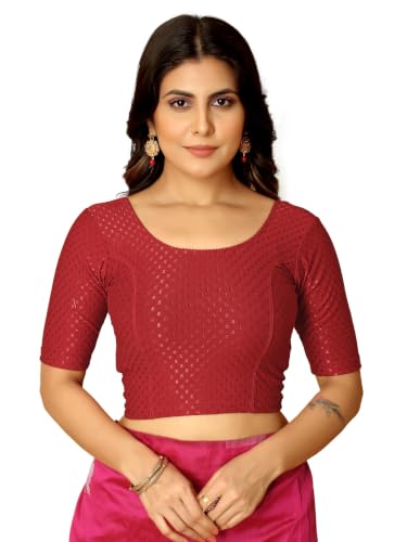Image of Amazon Brand - Anarva Round Neck Dobby Cotton Lycra Stretchable Elbow Half Sleeve Readymade Saree Blouse for Women Stylish